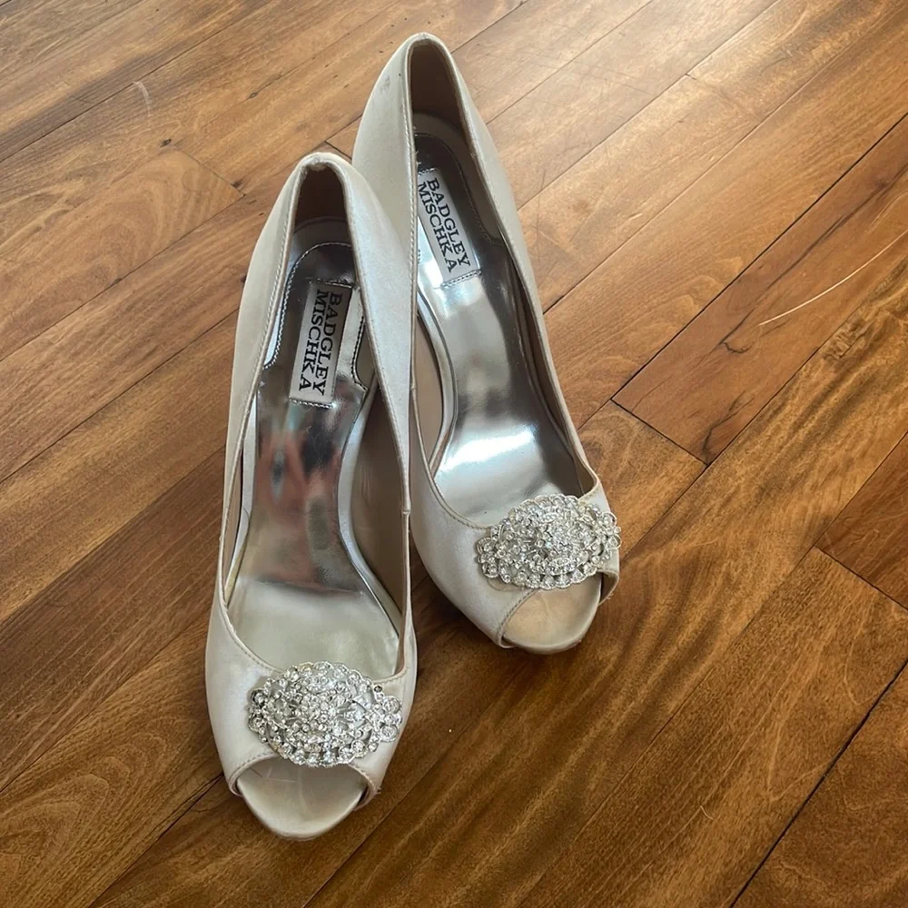 Badgley Mischka Satin Peep Toe Pump with Jewels - Picture 2 of 10